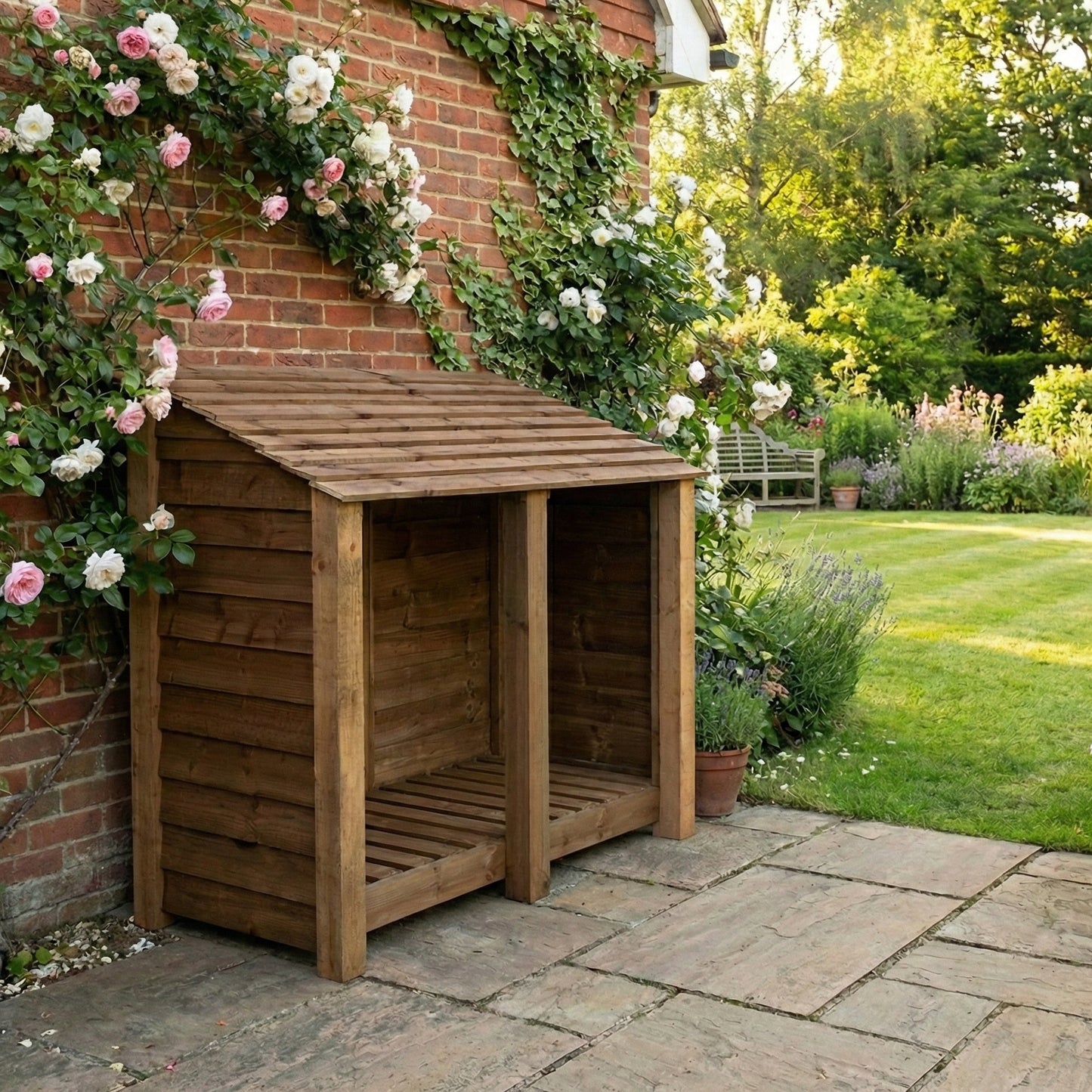 Wooden Log Store W-146cm, H-126cm or 180cm, D-88cm - Brown Finish