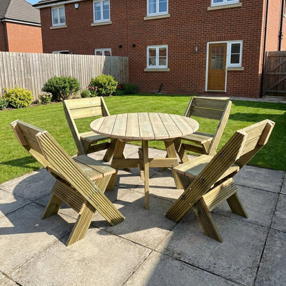 DeckFusion Wooden Rounded Picnic Table and Four Chairs Set
