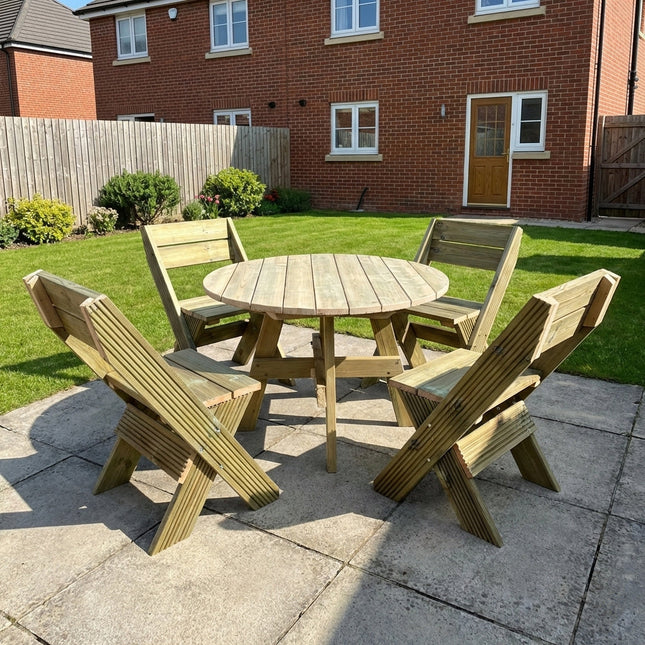 DeckFusion Wooden Rounded Picnic Table and Four Chairs Set