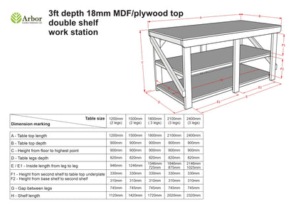 Wooden Workbench Eucalyptus Hardwood Top Depth-3ft with Double Shelf