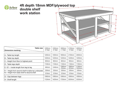 Wooden Workbench MDF Top Depth-4ft With Double Shelf