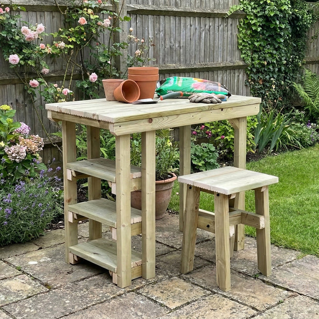 Garden potting table, multi purpose workbench (106cm + 2x chairs)
