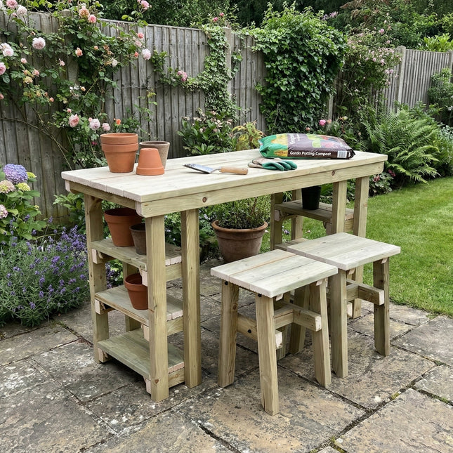 Garden potting table, multi purpose workbench (150cm + 2x chairs)