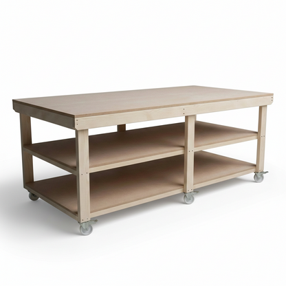 Wooden Workbench MDF Top Depth-4ft With Wheels and Double Shelf