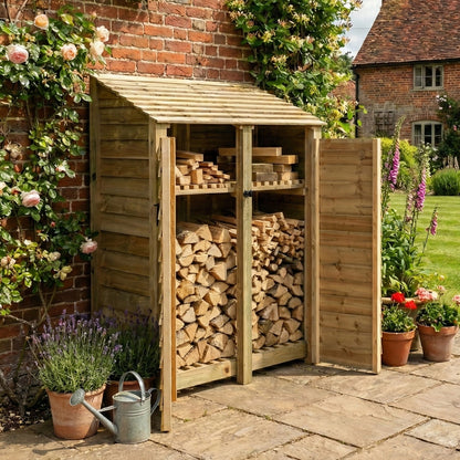 Wooden Log Store with Door and Shelf W-146cm, H-126cm or 180cm, D-88cm