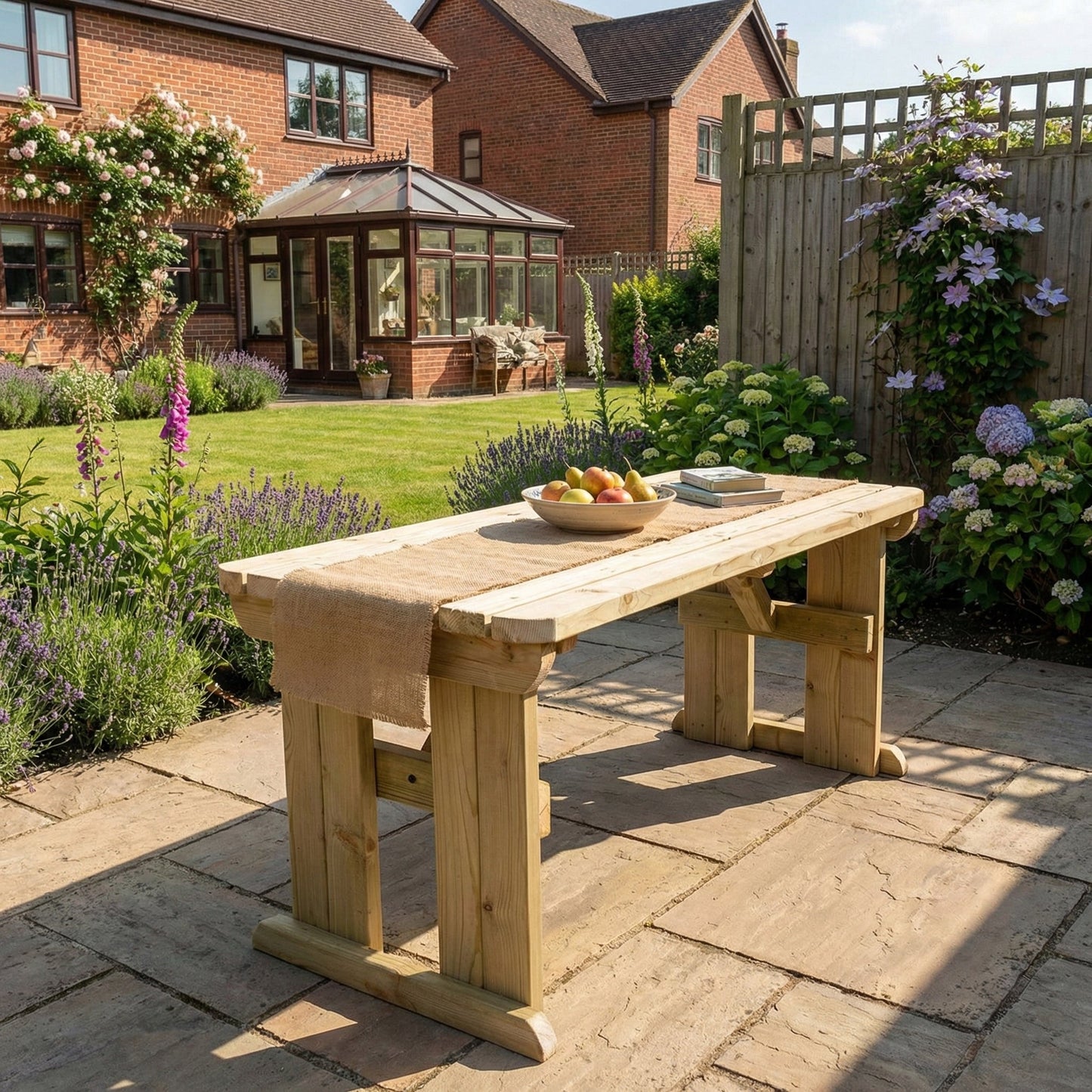 Hollies Rounded Wooden Garden Table, Outdoor Picnic Dining Desk
