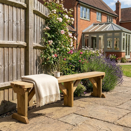 Hollies Wooden Garden Rounded Bench, Outdoor Fence Seat - Rustic Finish
