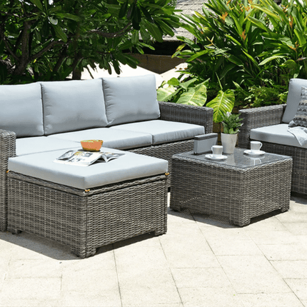 Marbella Grey 5-Seater Garden Sofa Set with Ottoman and Cover Bundle
