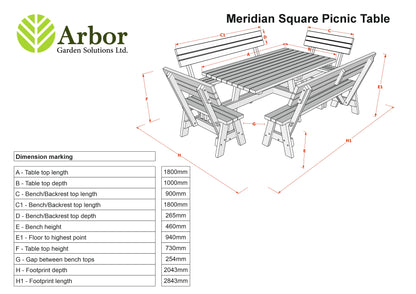 Meridian Square Picnic Table and Benches Set With Backrest