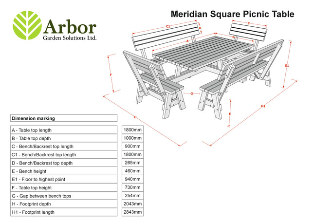 Meridian Square Picnic Table and Benches Set With Backrest