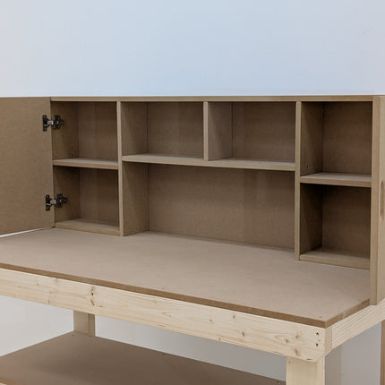 Wooden MDF top workbench with cupboard back panel and double shelf