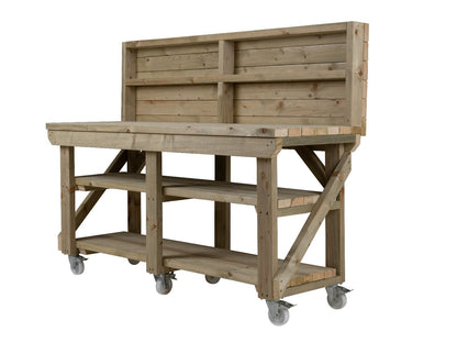 Indoor/outdoor workbench, pressure treated bench with back panel, double shelf and wheels