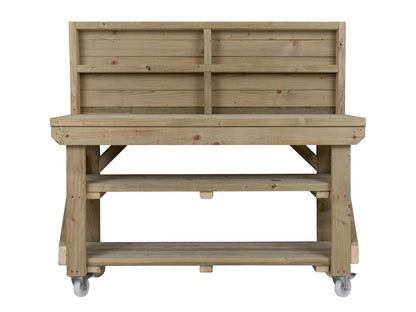 Indoor/outdoor workbench, pressure treated bench with back panel, double shelf and wheels