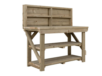 Indoor/outdoor workbench, pressure treated bench with back panel and double shelf
