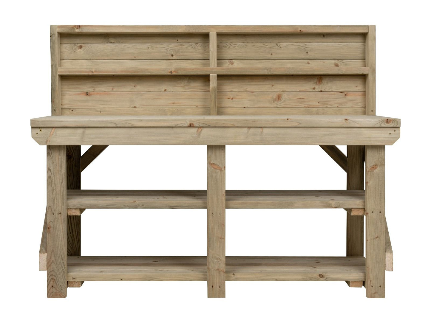 Indoor/outdoor workbench, pressure treated bench with back panel and double shelf