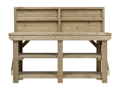 Indoor/outdoor workbench, pressure treated bench with back panel and double shelf