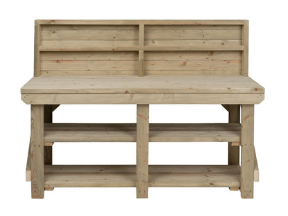 Indoor/outdoor workbench, pressure treated bench with back panel and double shelf