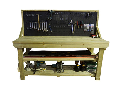 Wooden Pressure Treated Workbench With Peg Board with Double Shelf