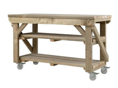 Indoor/outdoor workbench, pressure treated bench with double shelf and wheels