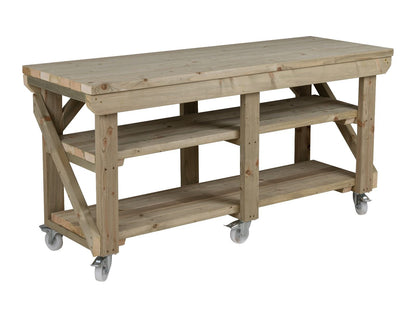 Indoor/outdoor workbench, pressure treated bench with double shelf and wheels