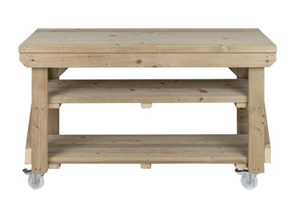 Indoor/outdoor workbench, pressure treated bench with double shelf and wheels
