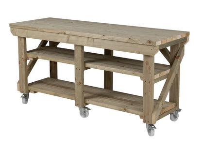 Indoor/outdoor workbench, pressure treated bench with double shelf and wheels