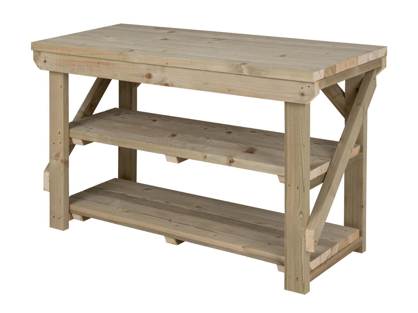 Indoor/outdoor workbench, pressure treated bench with double shelf