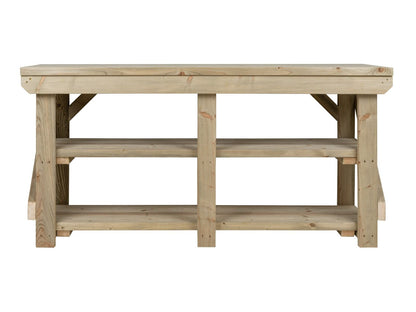 Indoor/outdoor workbench, pressure treated bench with double shelf