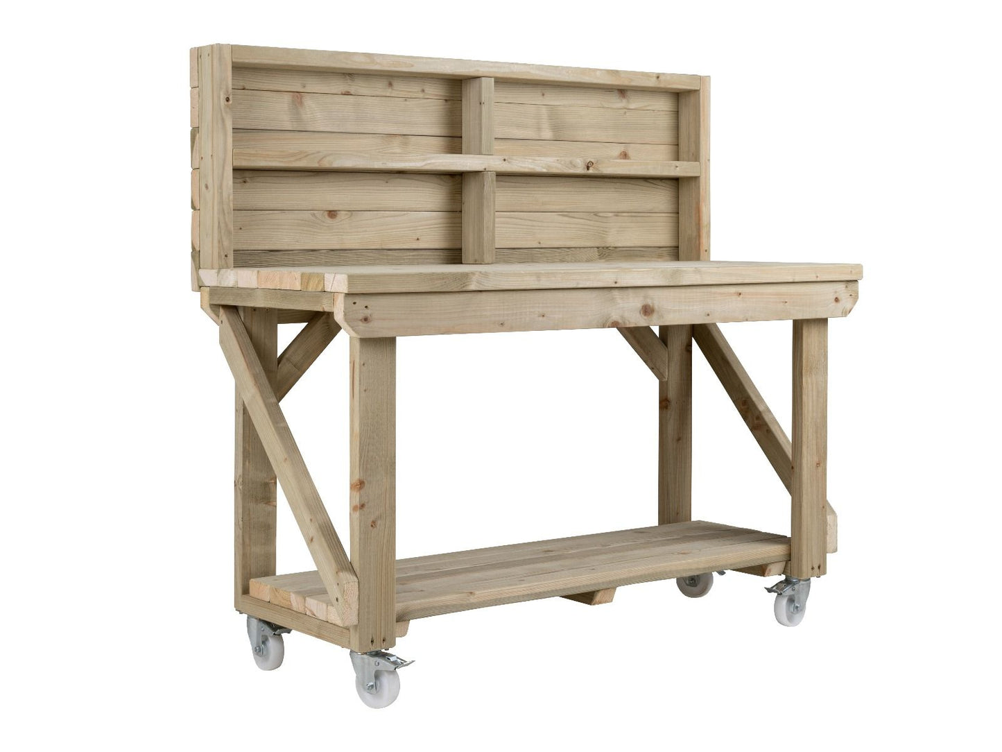 Indoor/outdoor workbench, pressure treated bench with back panel and wheels