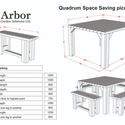 QUADRUM Picnic Table With 4 Benches - Rustic Finish