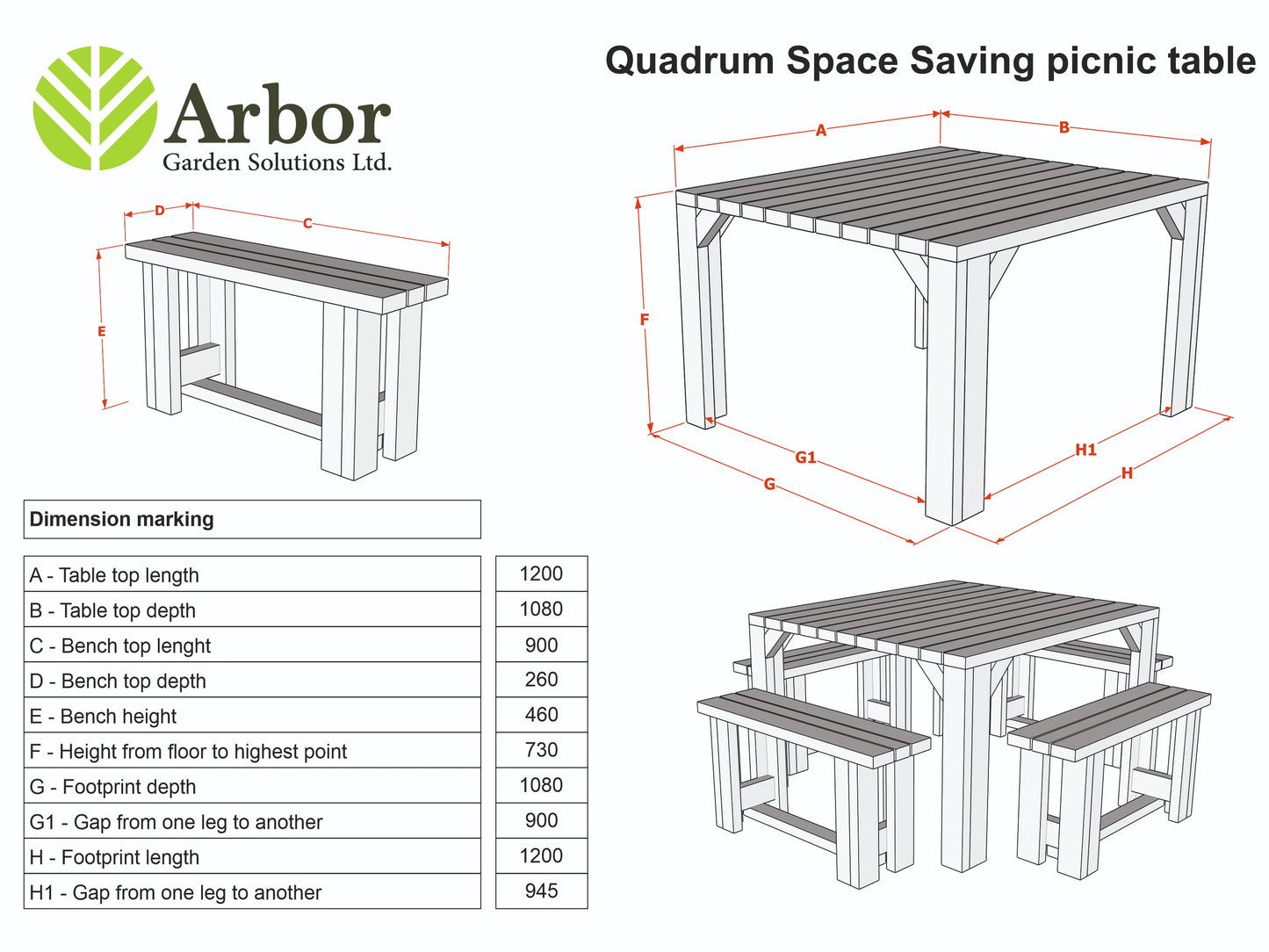 QUADRUM Rounded Picnic Table With 4 Benches - Rustic Finish