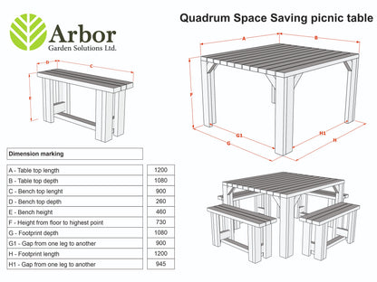 QUADRUM Rounded Picnic Table With 4 Benches - Rustic Finish