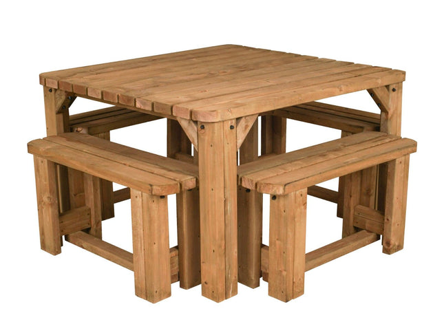 QUADRUM Rounded Picnic Table With 4 Benches - Rustic Finish