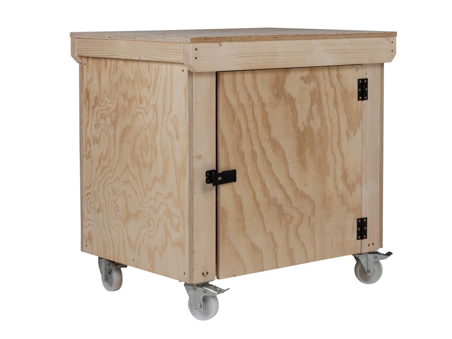 Wooden Plywood Top Workbench With Lockable Cupboard (V.9) With Wheels, Double Shelf