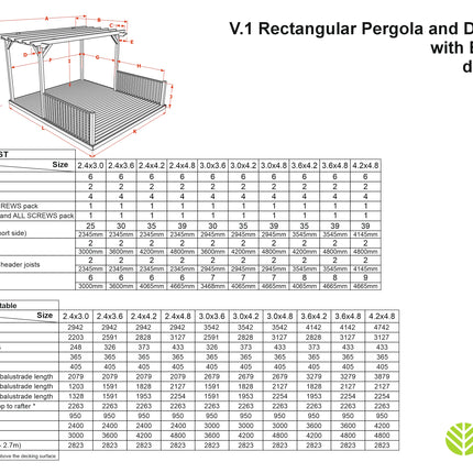 Rectangular Pergola And Decking Kit With Balustrade V.1