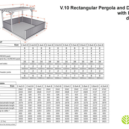 Rectangular Pergola and Decking Kit With Balustrades V.10