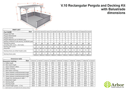 Rectangular Pergola and Decking Kit With Balustrades V.10