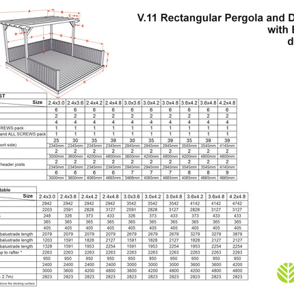 Rectangular Pergola and Decking Kit With Balustrades V.11