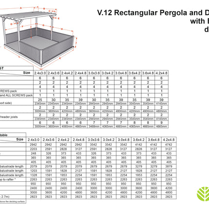 Rectangular Pergola and Decking Kit With Balustrades V.12