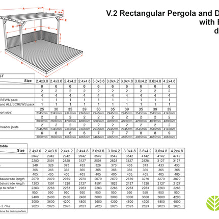 Rectangular Pergola and Decking Kit With Balustrades V.2