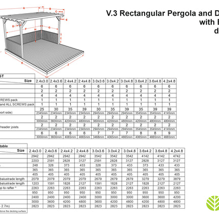 Rectangular Pergola and Decking Kit With Balustrades V.3