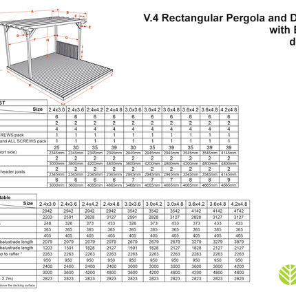 Rectangular Pergola And Decking Kit With Balustrade V.4