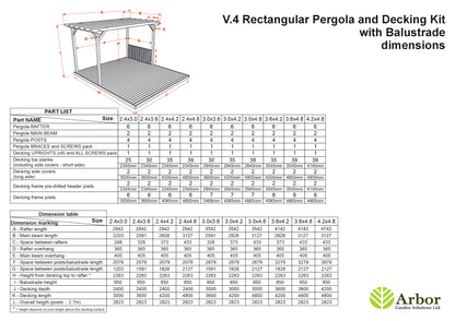 Rectangular Pergola And Decking Kit With Balustrade V.4
