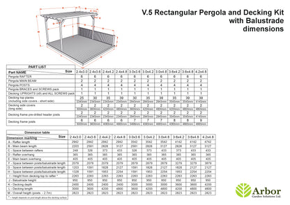 Rectangular Pergola And Decking Kit With Balustrade V.5