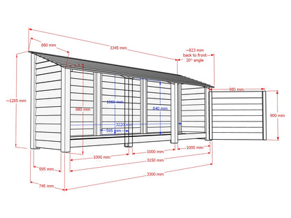 Wooden Garden Tool Storage with Shelf W-335cm, H-126cm or 180cm, D-88cm