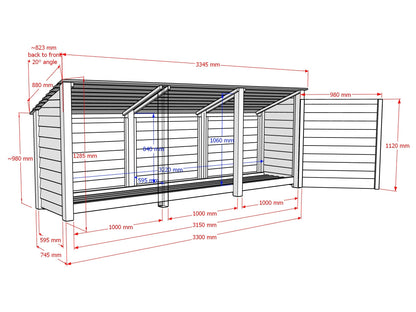 Wooden Log Store (Roof Sloping Back) W-335cm, H-126cm or 180cm, D-88cm