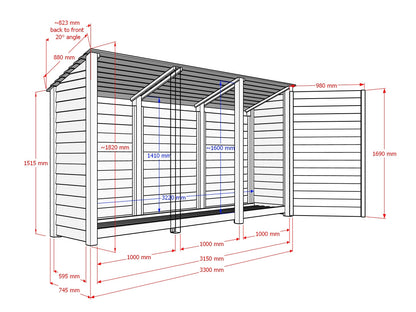 Wooden Log Store (Roof Sloping Back) with Doors W-335cm, H-126cm or 180cm, D-88cm - Brown Finish