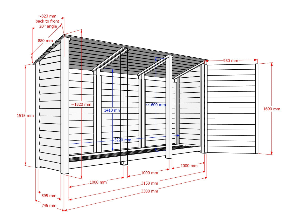 Wooden Log Store (Roof Sloping Back) W-335cm, H-126cm or 180cm, D-88cm