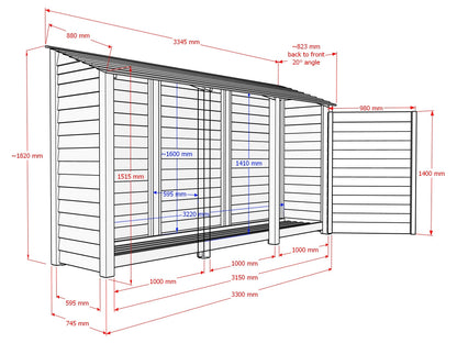 Wooden Log Store with Doors and Shelf W-335cm, H-126cm or 180cm, D-88cm