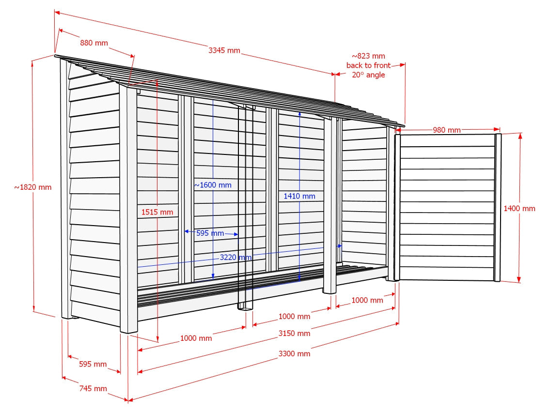 Slatted Wooden Log Store with Shelf W-335cm, H-126cm or 180cm, D-88cm